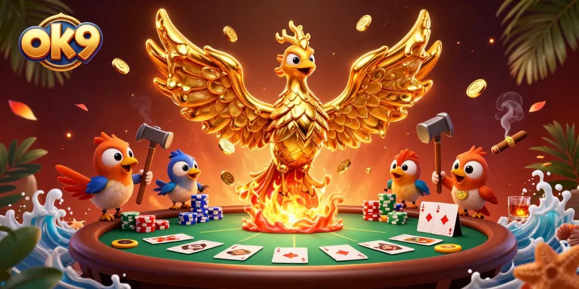 Experience thrilling gaming action with ok9's vibrant casino scene featuring molten phoenix and poker elements.