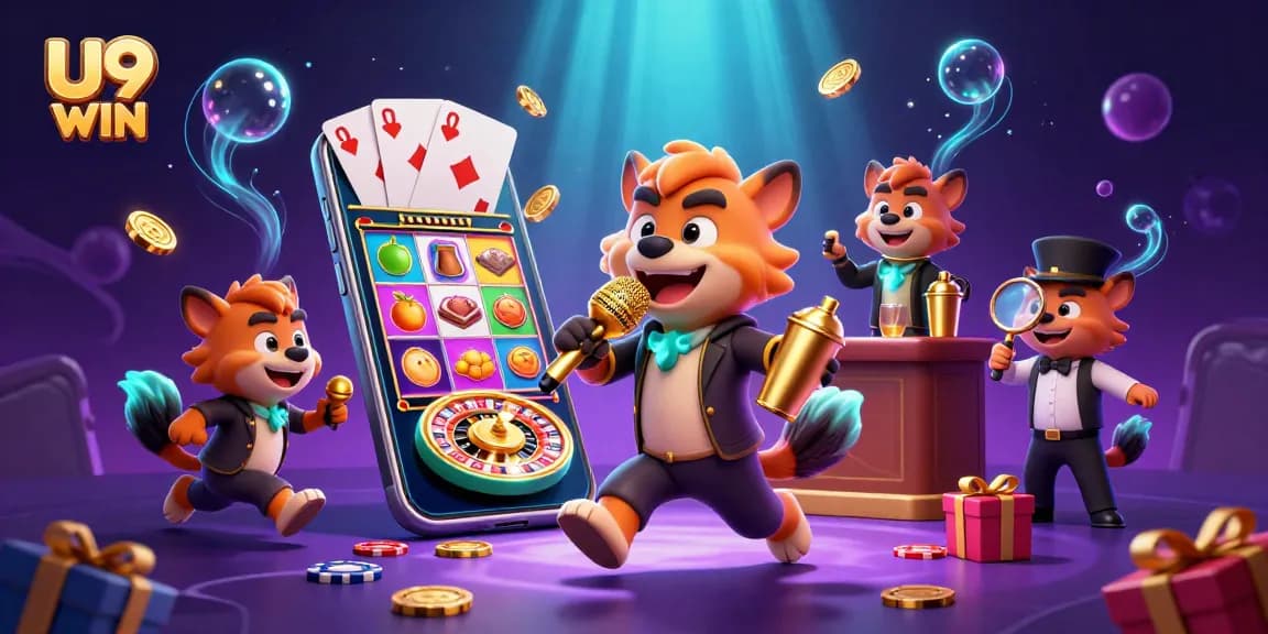 Engage with U9 WIN's dynamic casino scene featuring hyenas as entertainers and stunning game visuals.