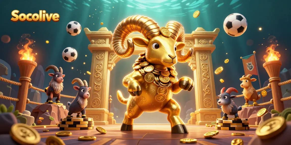 Socolive showcases a golden ram charging through a sports betting arena, energizing the gambling scene.
