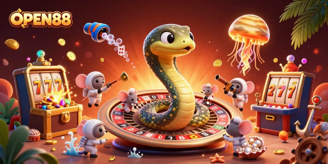 Experience thrilling gameplay at OPEN88 as astronaut mice bet on a roulette snake in a vibrant casino scene.