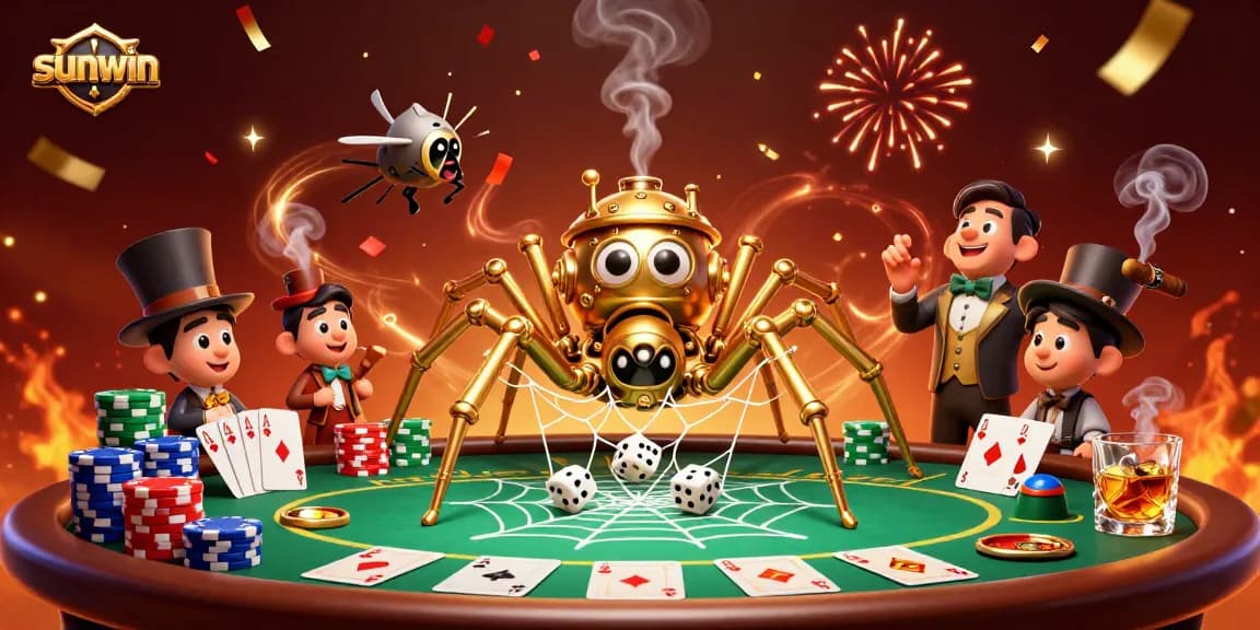 Experience sunwin's magical gaming with a steampunk spider and captivating elements in a vibrant casino scene.