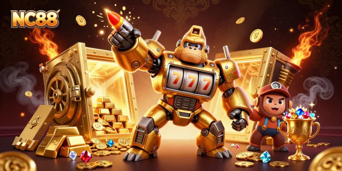 Spin to win at NC88 with a golden gorilla mech bursting with coins and jewels.