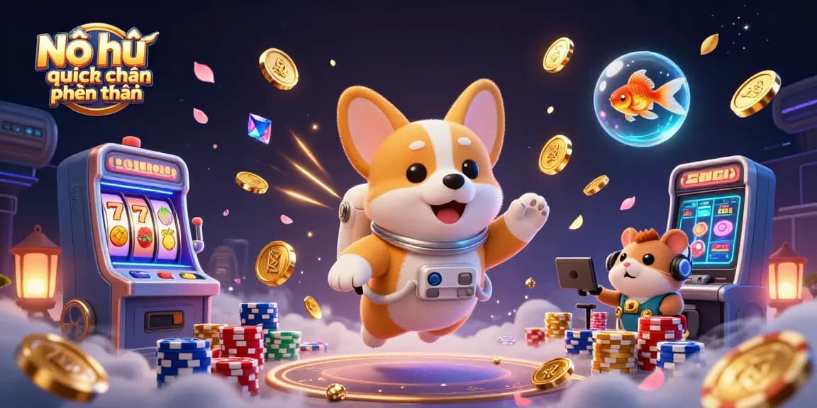 Play "Nổ hũ quyết chiến tiền thưởng" as a vibrant astronaut corgi floats in a detailed casino scene.