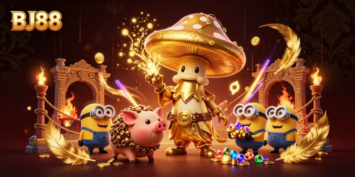BJ88 immerses players in an electrifying casino battle, showcasing a whimsical wizard and enchanted treasure.