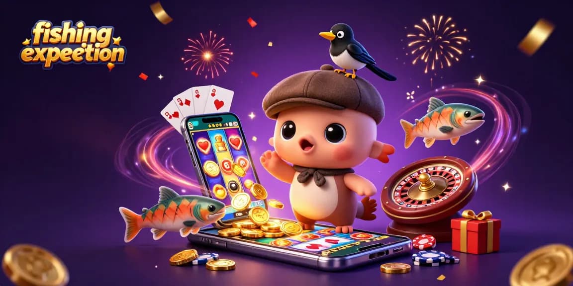 Join the fishing expedition with a cute Nessie and casino elements in a vibrant 3D illustration.