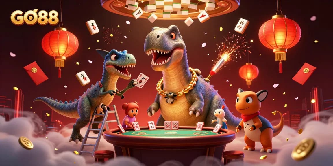 Join the exciting casino action with GO88 featuring a towering brontosaurus and card-dealing raptor!