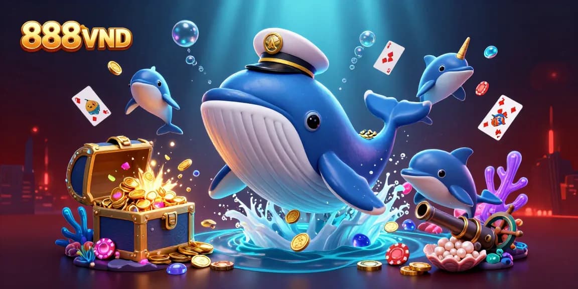 Experience thrilling casino adventures with 888VND as a 3D whale and friends entertain among flowing coins.