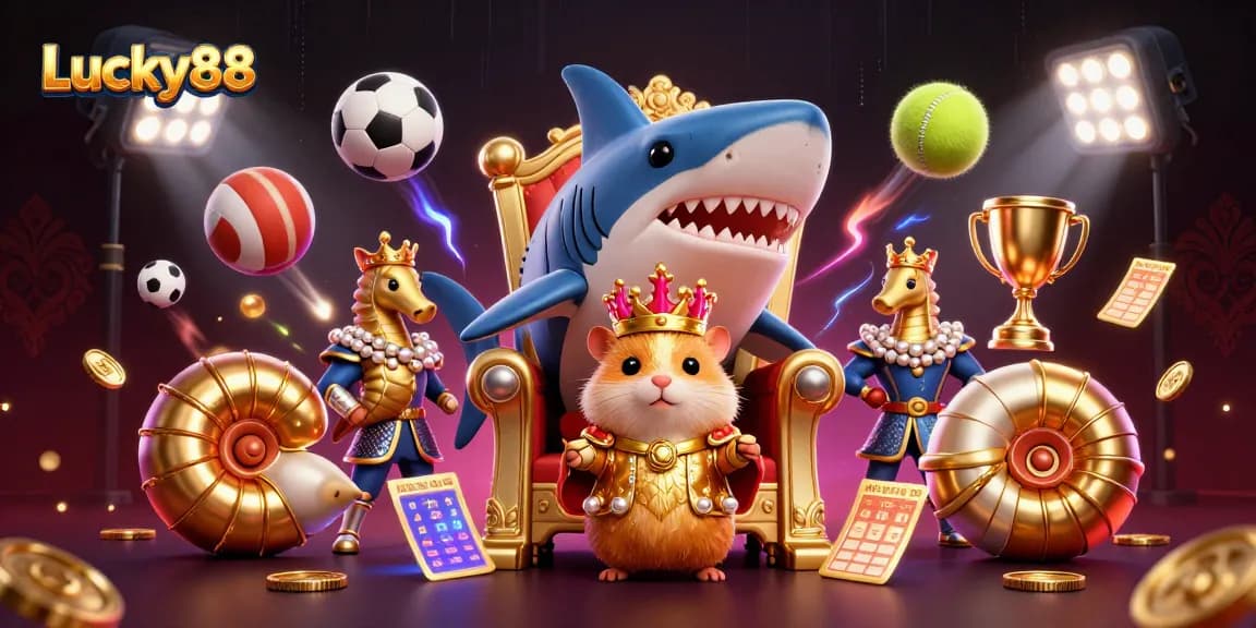 Engage in thrilling gameplay with Lucky88, featuring an epic hamster king among sports elements and dazzling effects.
