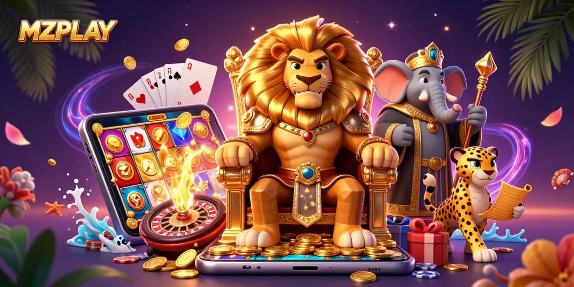 MZPLAY casino illustration featuring a lion king on a throne of coins, showcasing vibrant gaming elements.