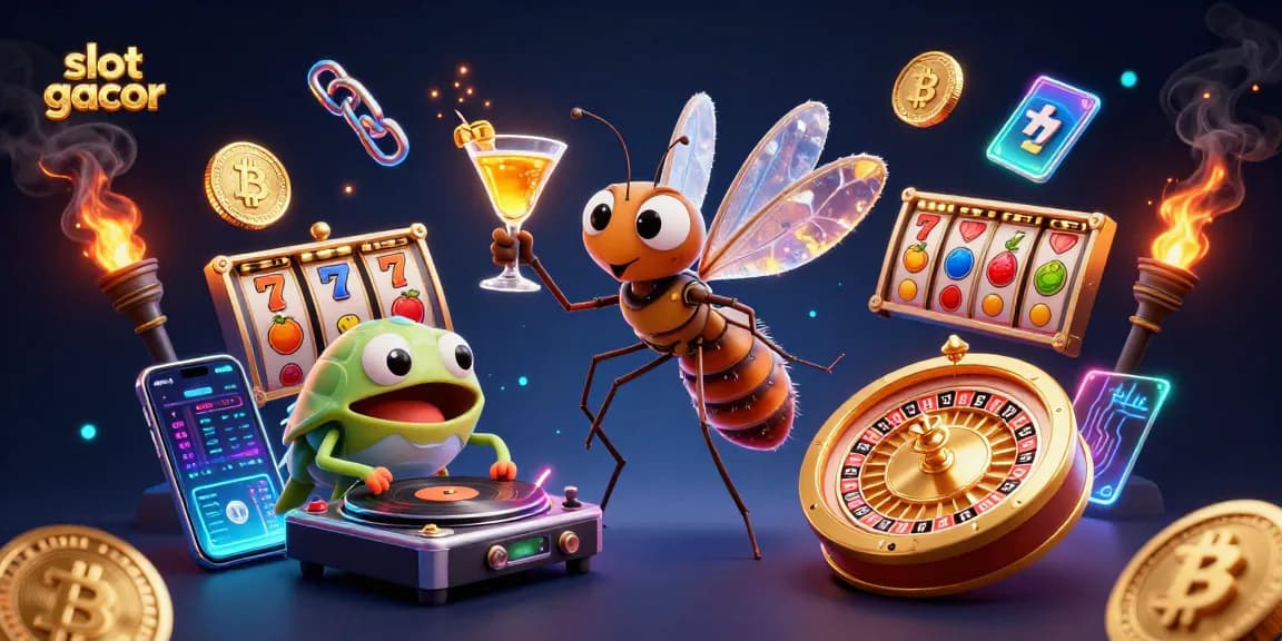 Engage with slot gacor action featuring a lively scene of a mosquito mascot and trilobite DJ in a vibrant casino.