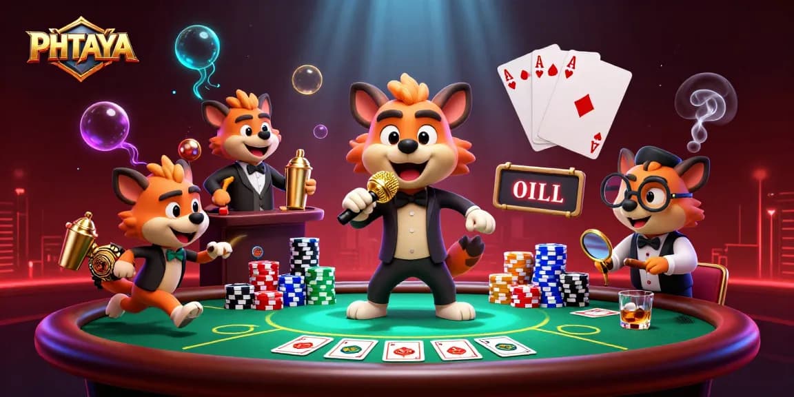 PHTAYA showcases a lively 3D cartoon hyena casino scene with vibrant games and energetic atmosphere.