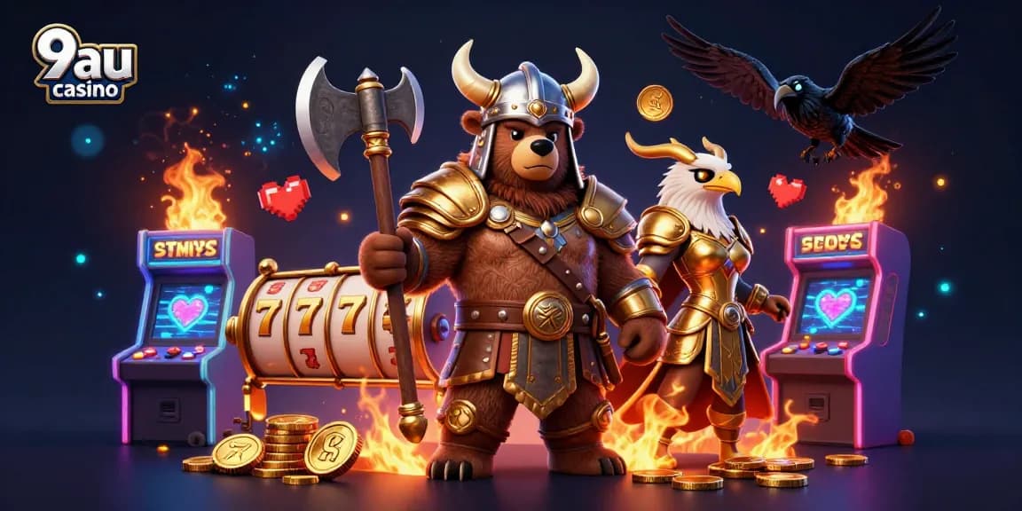 Engage with thrilling action at 9au casino featuring a Viking bear, Valkyrie eagle, and vibrant slot machines.