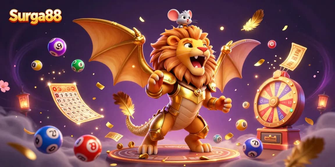 Engage in Surga88's thrilling lottery action with a golden chimera and vibrant games.