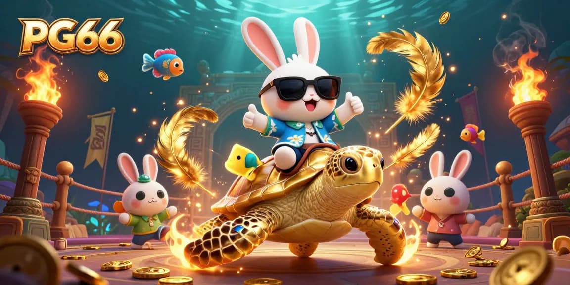Experience the thrill of winning with PG66 at this vibrant online casino illustration featuring a lucky rabbit and golden turtle.