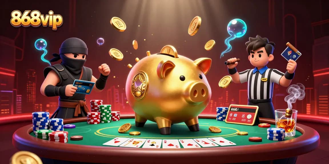 Engage with the dynamic 868vip gambling scene featuring a piggy bank sumo wrestler surrounded by poker elements.