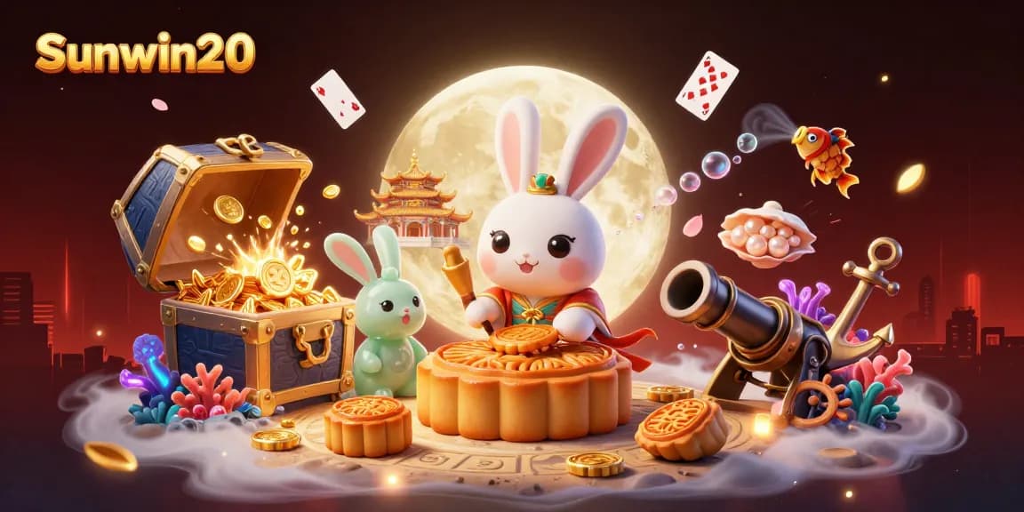 Sunwin20 showcases a vibrant 3D scene with a moon rabbit, poker chips, and casino elements surrounded by gems.