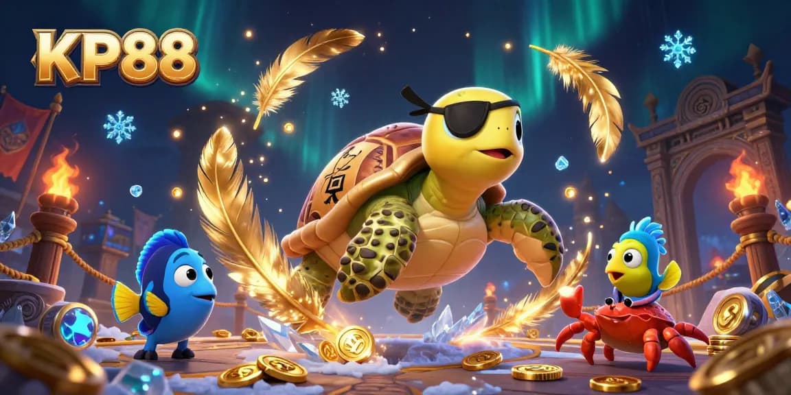 Engage with the KP88 online casino, showcasing a vibrant gambling adventure amidst treasure and characters.