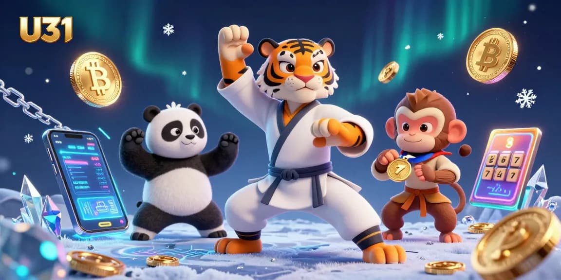 U31 slot game illustration featuring kung fu tiger, panda, and monkey amidst vibrant casino elements.