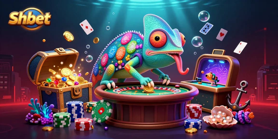 Shbet casino owner chameleon catching golden coins in a vibrant gambling scene.