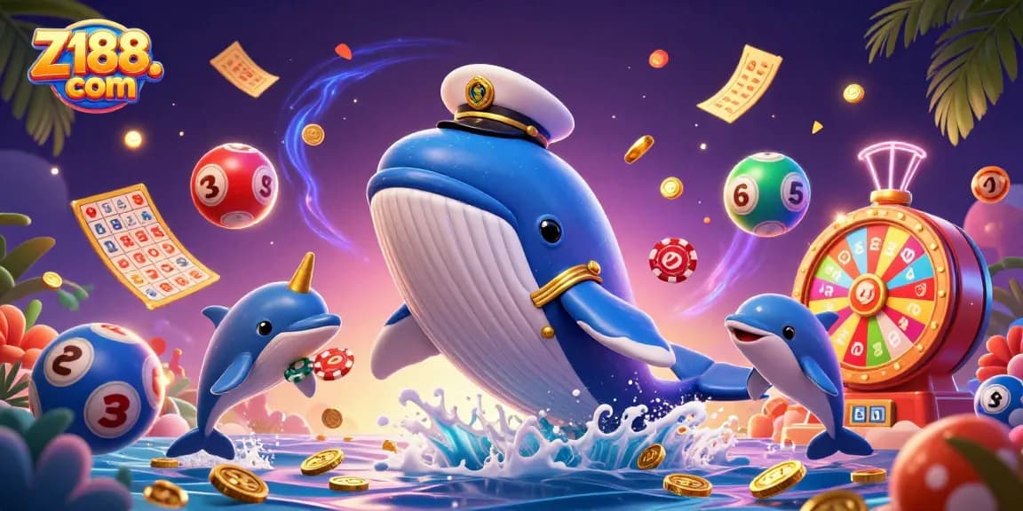 Experience the thrilling games at Z188. com with a vibrant underwater casino scene featuring a whale, narwhal, and dolphins.