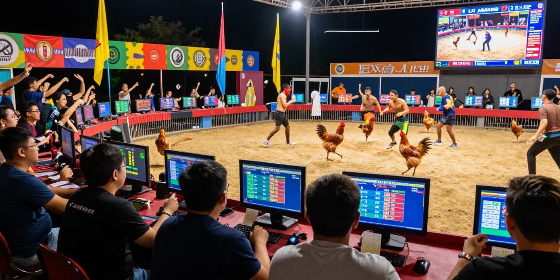 GA67 - Trận đá gà đầy kịch tính với khán giả hào hứng, không khí sôi động.