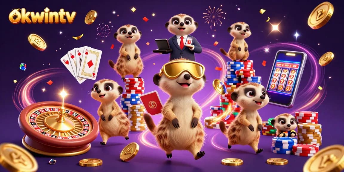 Experience the thrilling atmosphere of okwintv with lively meerkats engaging in colorful casino activities and dynamic gaming elements.