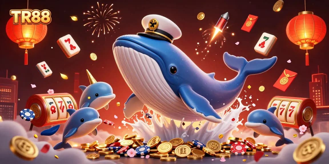 Engage with TR88 through this vibrant scene featuring playful dolphins and a majestic whale in a rich casino setting.