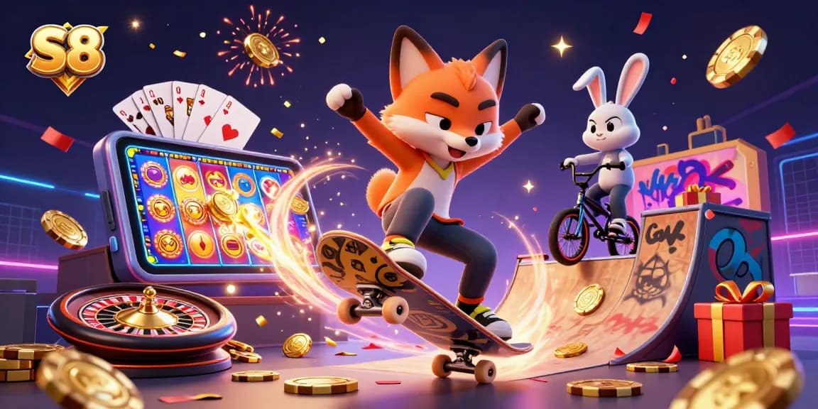 Explore the vibrant S8 scene with a skateboarder fox and BMX rabbit amidst casino games