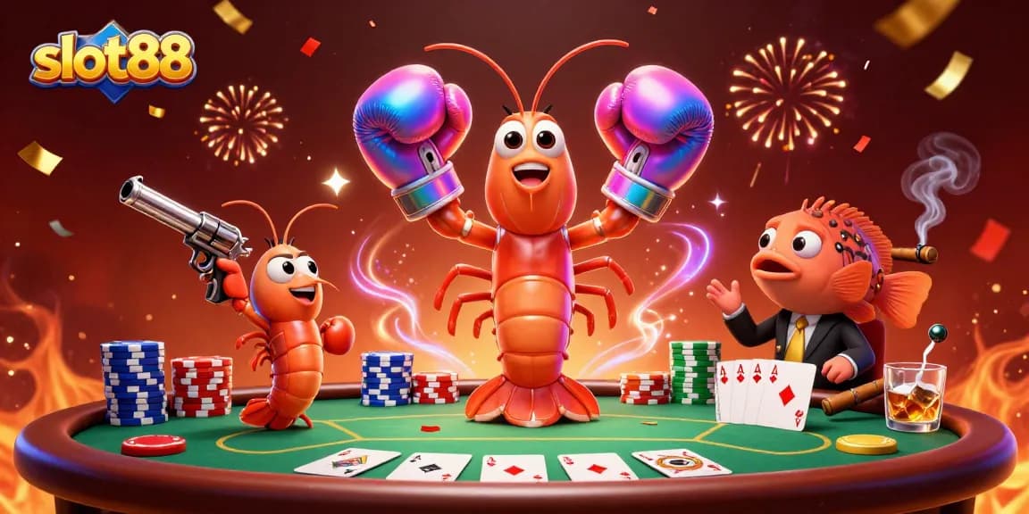 Menangkan jackpot dengan slot88, ilustrasi 3D ikan mantis di kasino penuh semangat.