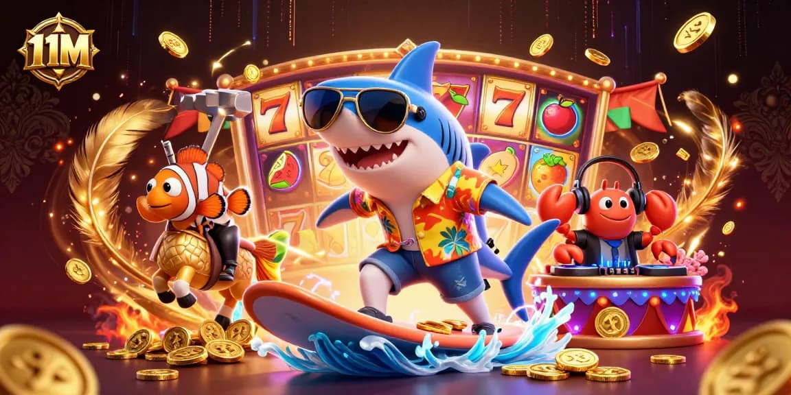 Bet on excitement with 11M: an animated casino scene featuring vibrant characters and slot themes.