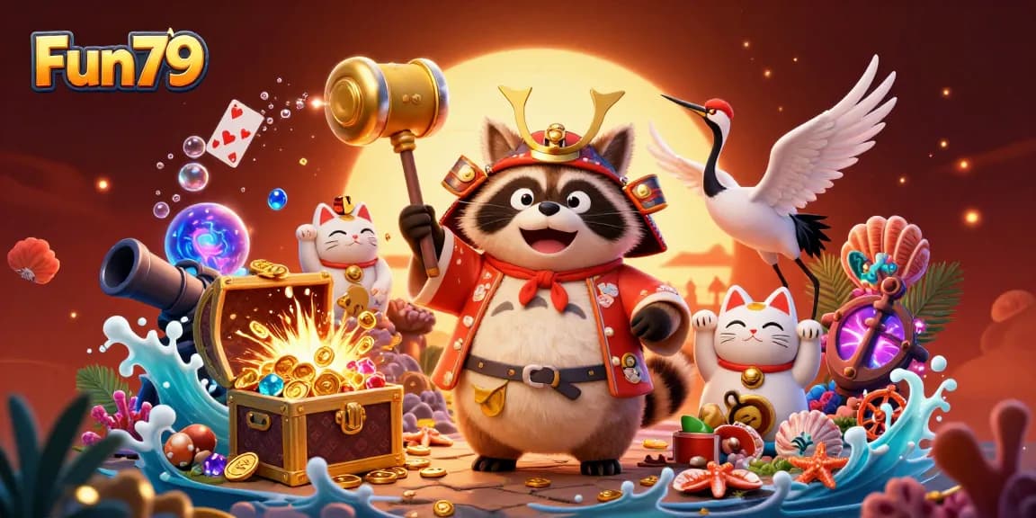 Experience thrilling gameplay with Fun79's colorful 3D illustration of joyful characters and treasure-filled scenes.
