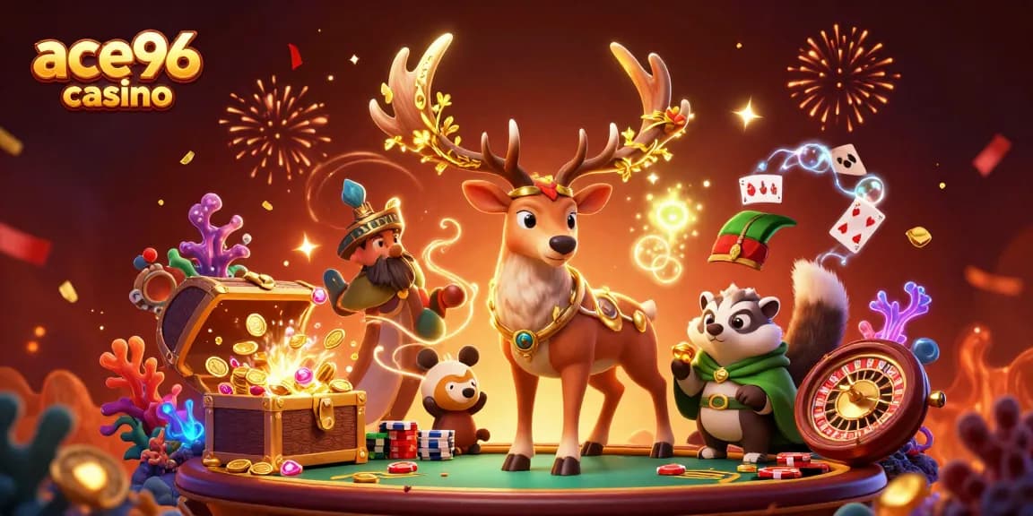 Experience excitement at ace96 casino with vibrant 3D art showcasing gaming elements and characters.