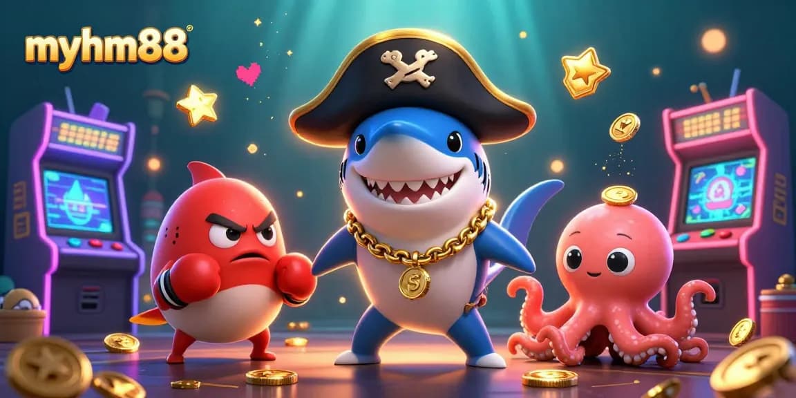Engage with myhm88's vibrant casino experience featuring a shark, pufferfish, and octopus surrounded by coins and gaming elements.
