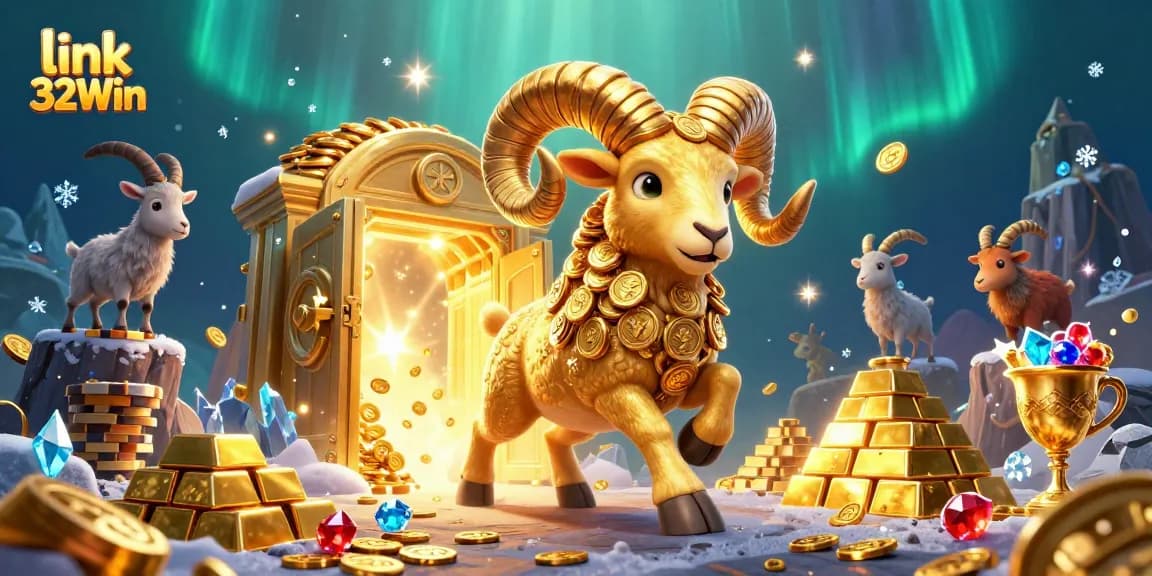 Spin for jackpots with the vibrant link 32Win scene featuring a golden ram and treasure vaults.