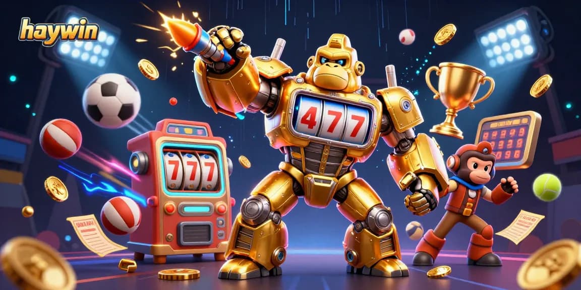 Experience thrilling gameplay with Haywin's unique 3D transformation of a golden gorilla mech and vibrant casino elements.