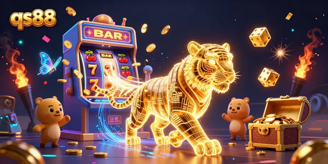 Experience thrilling gaming at qs88 with a vibrant scene of a neon tiger in a digital casino.