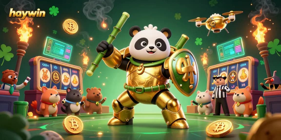 Play exciting games at haywin with a golden mech panda battling in a dynamic casino arena.