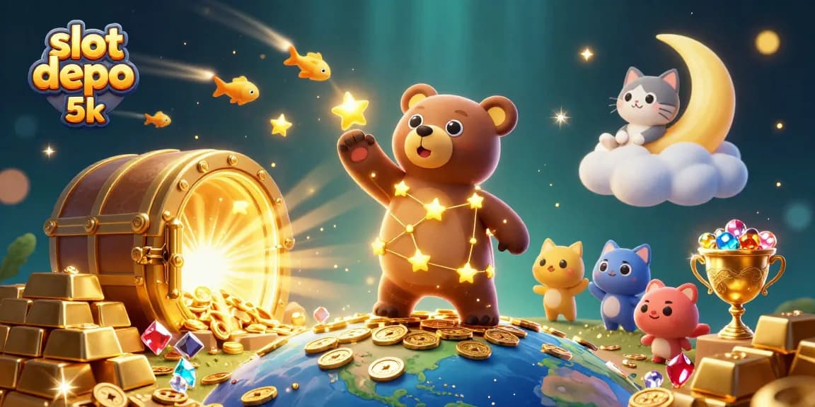 Experience the excitement of slot depo 5k with vivid casino-themed characters and treasures.