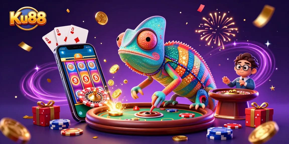 Experience the exciting world of Ku88 with a colorful casino scene featuring a chameleon and dynamic games.