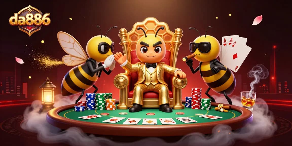 Engage with da886's vibrant casino scene featuring a bumblebee mob boss among poker elements.