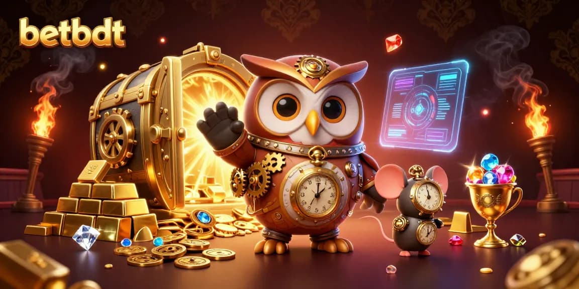 Experience thrilling gaming moments with betbdt's captivating steampunk owl amidst rich casino treasures.