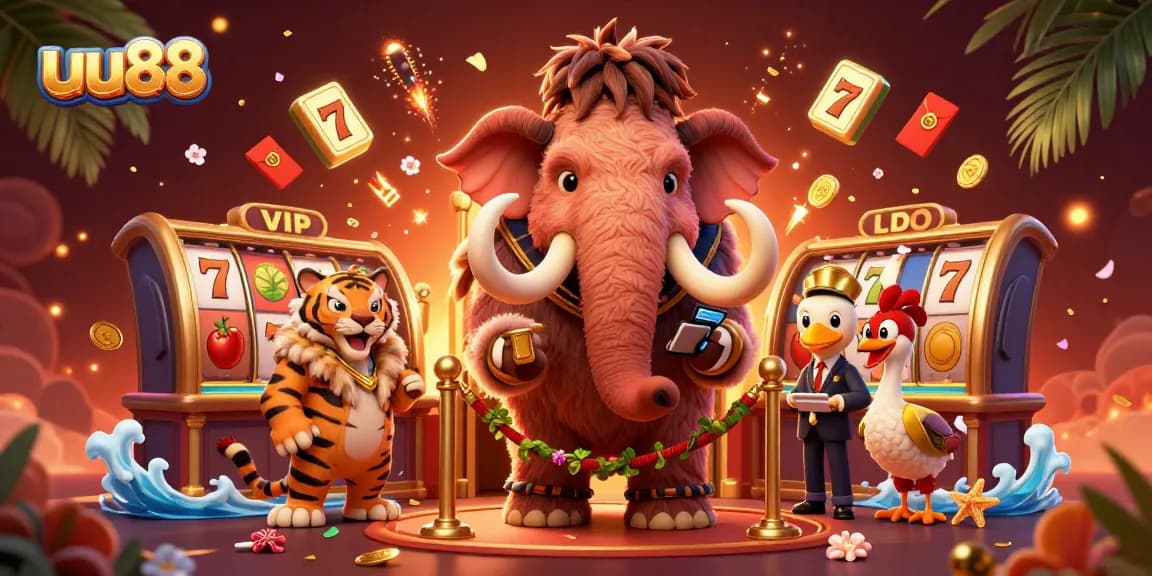 Experience the excitement at uu88 with a vibrant casino scene featuring cartoon characters and dynamic slot elements.