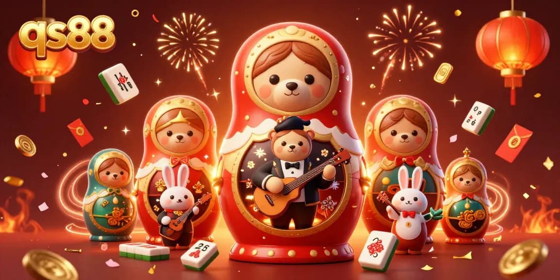 Experience the vibrant excitement of qs88 with this dynamic casino-themed 3D illustration featuring joyful bears and festive symbols.