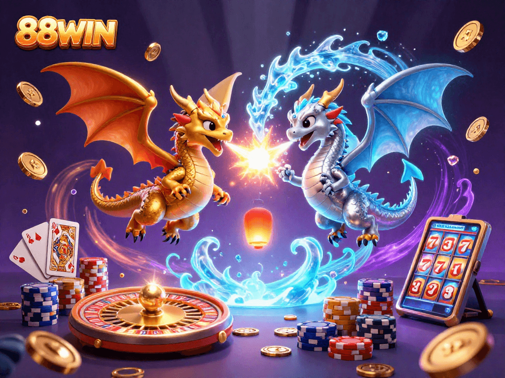 88WIN features twin dragons battling with fire and ice amidst sparkling casino elements.