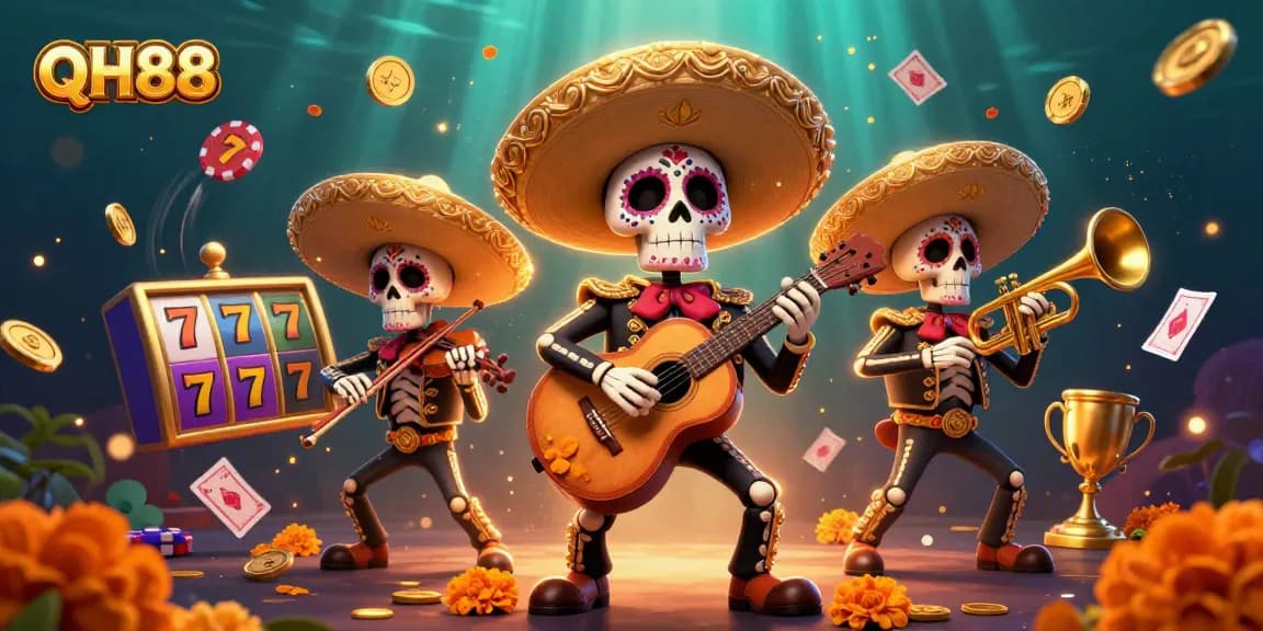 Engage with QH88's vibrant 3D celebration featuring mariachi skeletons and enchanting slot reels.