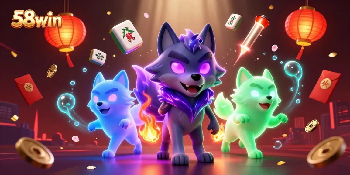 Experience excitement with 58win, showcasing energetic wolves amidst vibrant casino elements