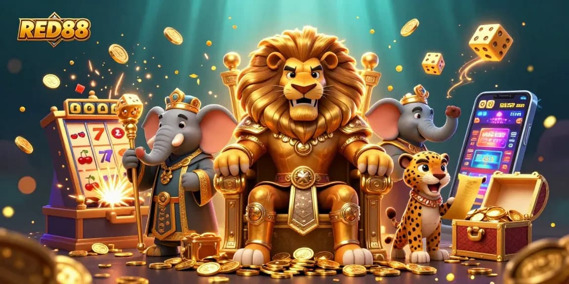 Experience thrilling wins at RED88 with a vibrant 3D casino scene full of excitement and dynamic gaming elements.