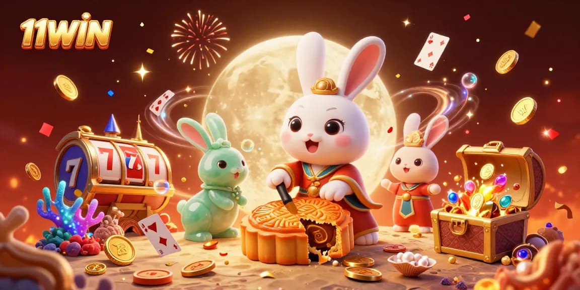 Experience the thrill of winning with 11WIN, as the moon rabbit reveals poker chips amidst vibrant casino elements.