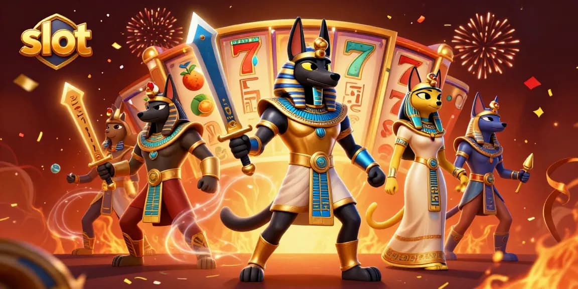 Spin slot reels featuring vibrant symbols with Anubis and Bastet in an epic casino setting.