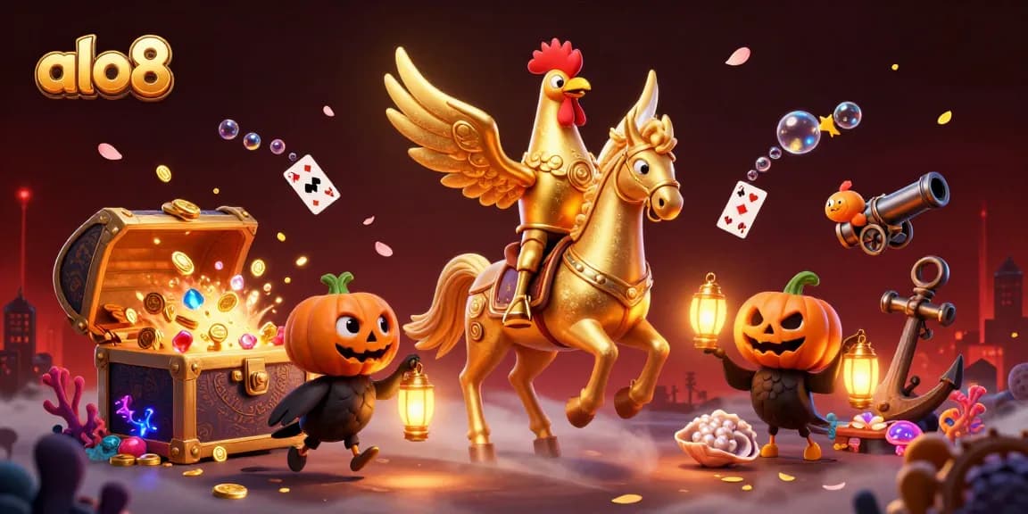Play and win on alo8 with a golden rooster character riding through a vibrant casino scene.